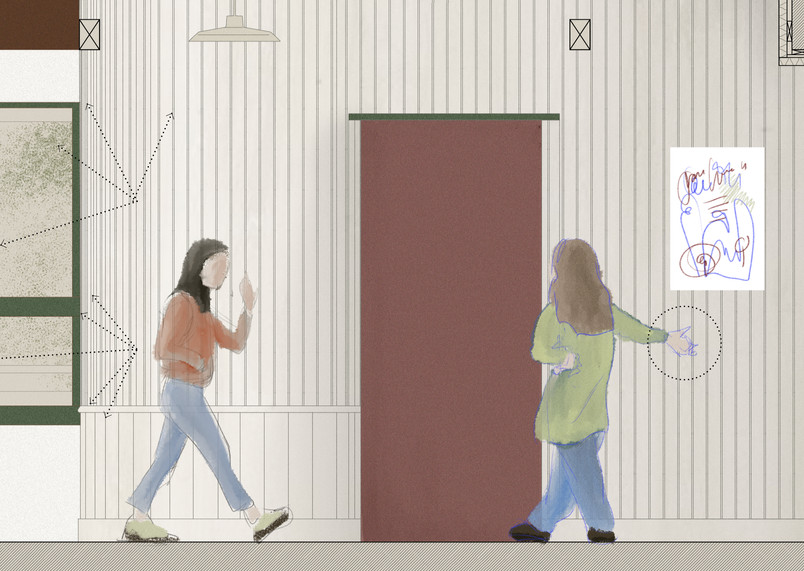 Drawing depicting people walking along a wall