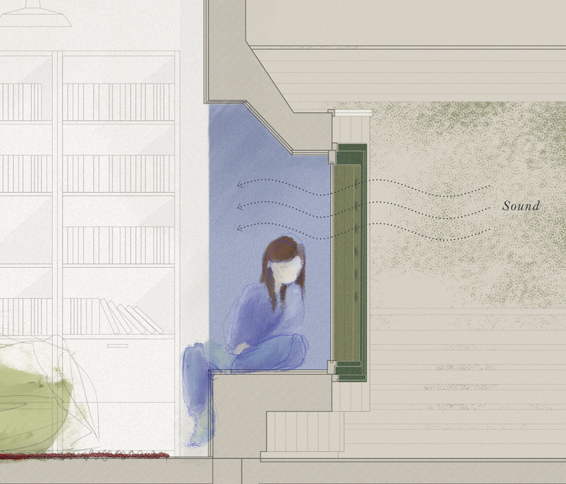 Drawing depicting a person sitting in a window niche, looking out.