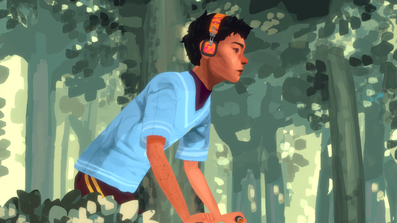 Boy in his bike in a forest.
