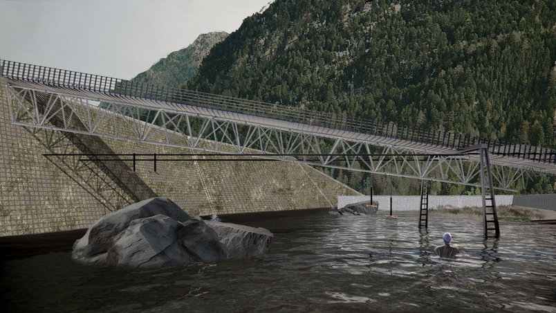 Water collects around the new dam, protecting the village from debris.