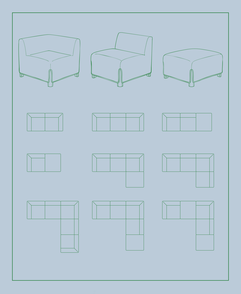 Graphic showing the modularity of the sofa