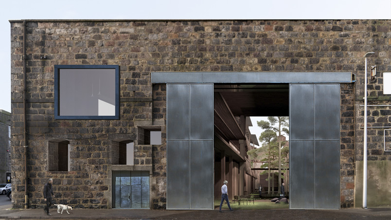 Entrance of the building, view towards the greenery (walled garden)