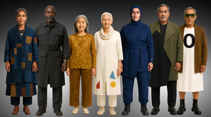 Syv personer i kunstneriske outfits med geometriske mønstre og farver.