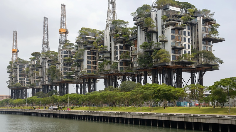Store offshore bygninger med grønne terrasser langs kystlinje.