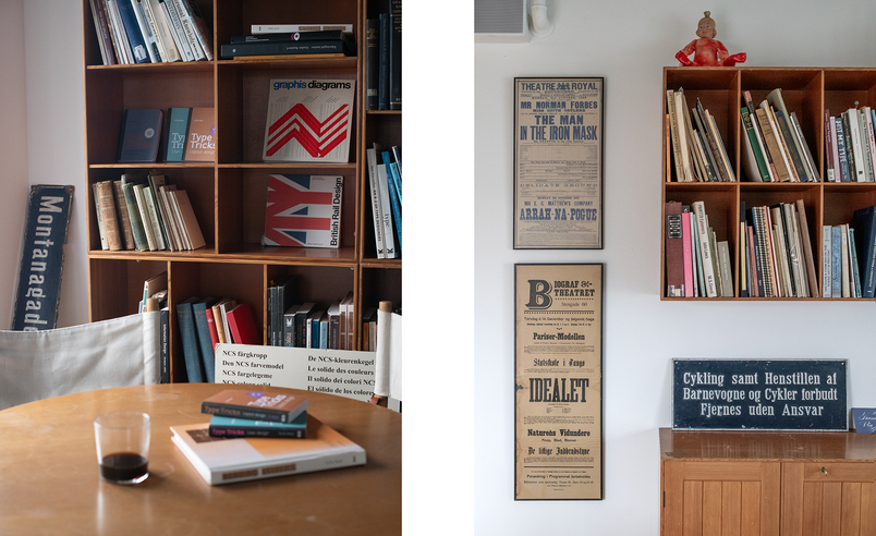 Collage showing two bookshelves with books, posters, and signs in a cozy setting. A table with books and a glass is in the foreground.
