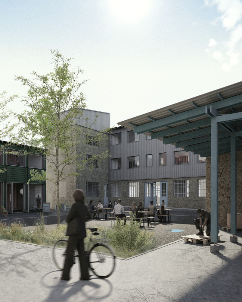 Visualisering fra ét af de videreførte gårdrum, Smediegården