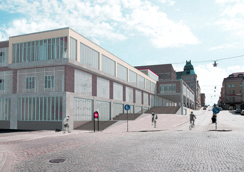 Render exteriör från korsningen Parkgatan - Landbrogatan