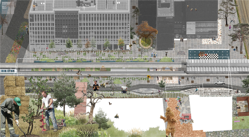 Axonometric collage of proposed urban life