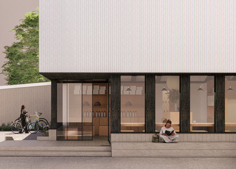 Exterior rendering of a neighbourhood sauna prototype showing the entrance, street-facing seating, and warm timber interior designed as part of a distributed urban recovery infrastructure.