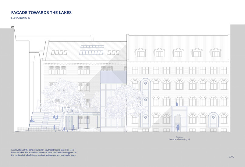 Elevation drawing looking onto the School's facade towards the lakes.