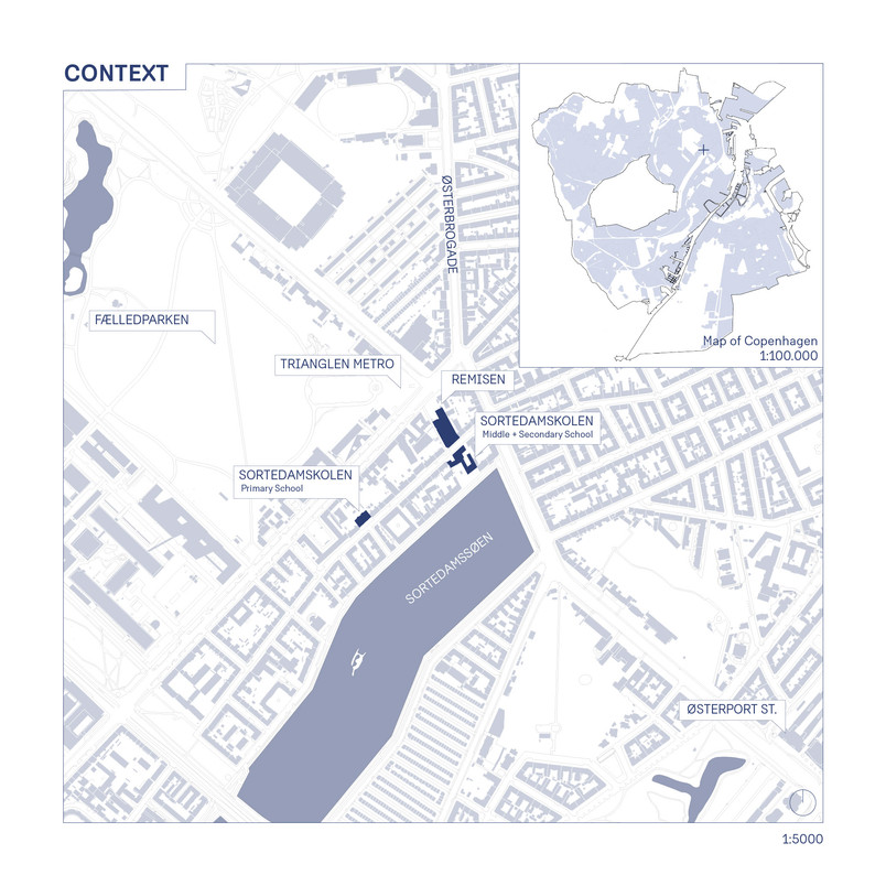Context plan of part of Østerbro highlighting the site of Sortedamskolen and Remisen