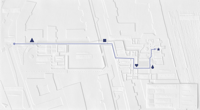 Tactile Plan showing the route from Blegdamsvej, through Remisen, across Ryesgade and into the school.