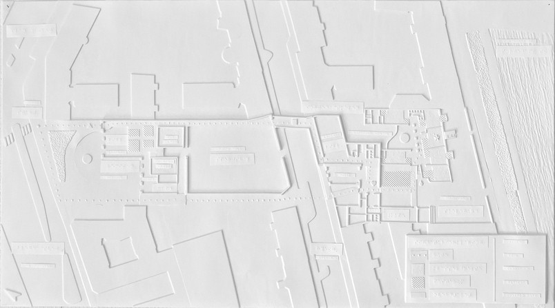 Tactile plan drawing of two buildings and their urban context. 