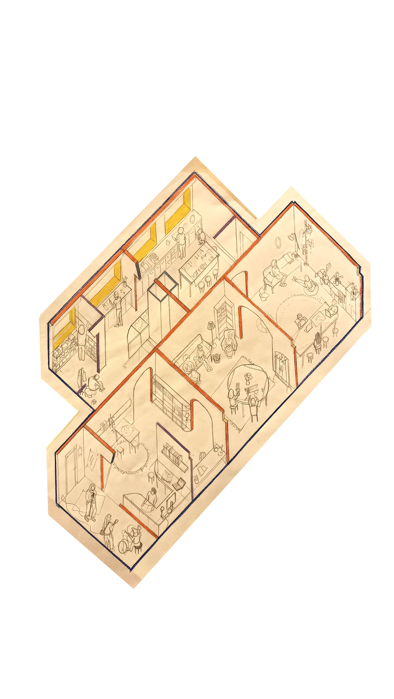 Close up to the axonometric drawing of new spaces in the building 