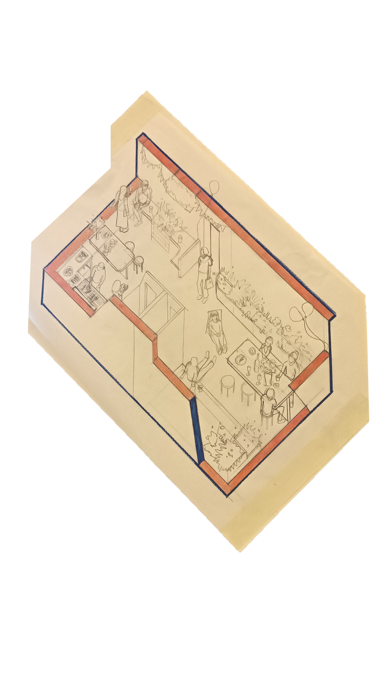 Social barbecque on top of the building in the axonometric drawing close-up. 