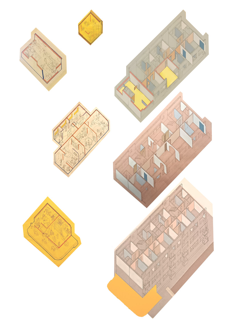 A collection of hand-made axononteries made in drawing and collage explores structural changes to the typology that unlock opportunities for hosting new programmes. New spaces are full of residents participating in workshops, meetings and daily encounters with each other. 