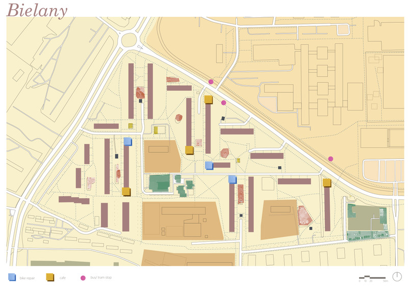 Map of Bielany and startegic location of proposed programmes in the blocks of flats allowing for placement in the junctions of pathways and easily visible in the nieghbourhood most important point - by grocery stores and by bus stops where people meet. 