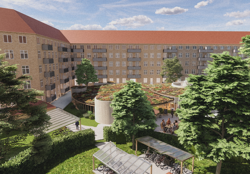 Visualisering af projektet set fra en altan i karréen.