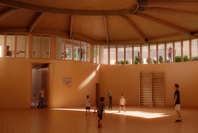 Visualisering af projektet viser hallen indefra.
