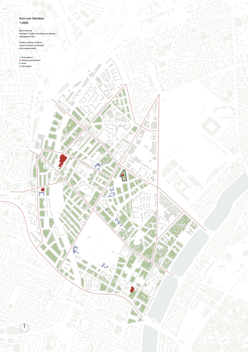 Kort over Nørrebro viser bydelens baggårde, idrætsfaciliteter og skoler