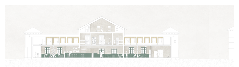 Section showing market, café, learning space, and hostel