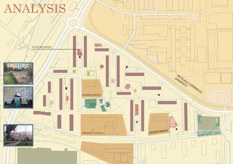 Map of Bielany with photos of the playgrounds in the area. 