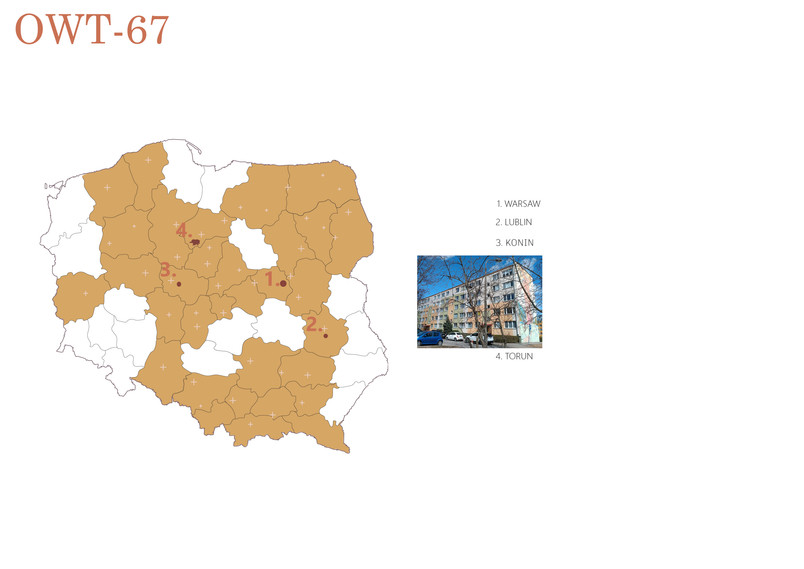 Map of administrative regions of Poland and factories of one of communist housing typologies