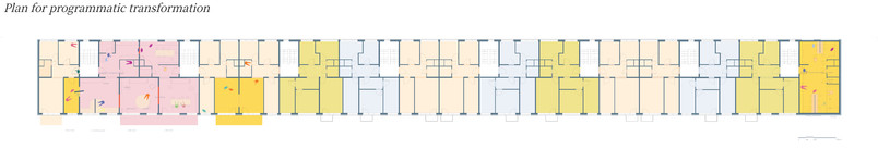 Plan of the whole block of flats with included transformation proposals - social barbecque, crafts workshop room, music room and joint living room. 