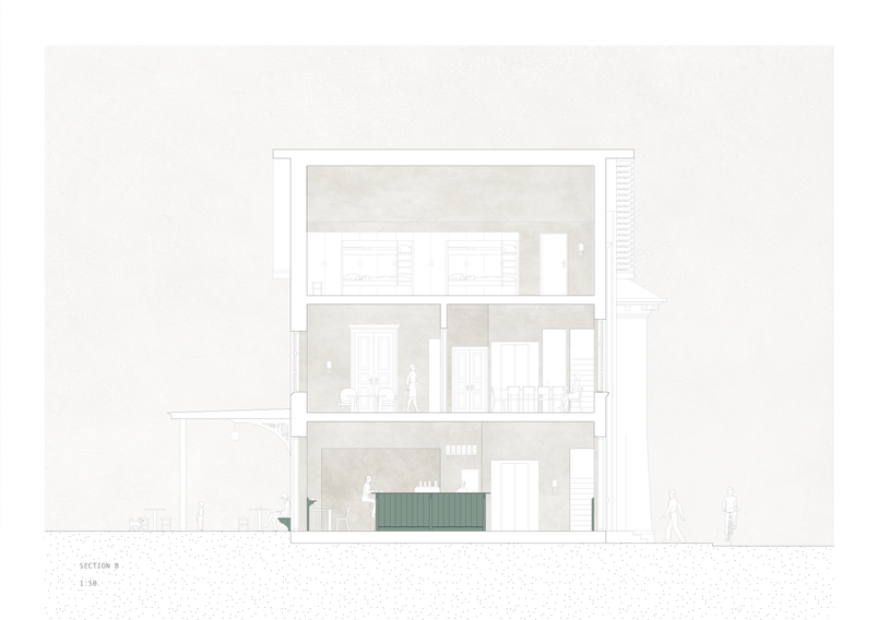 Section showing foyer, café, and hostel