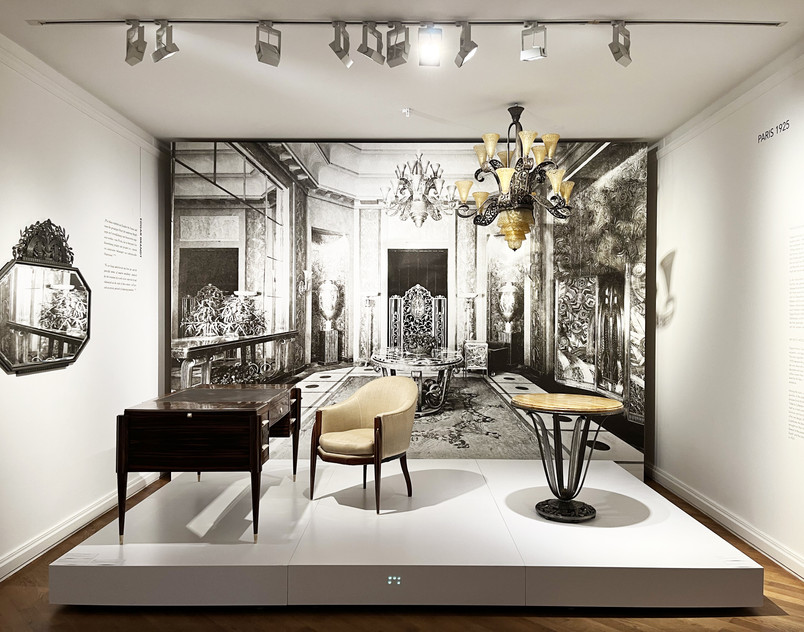 Exhibition display of mirror, desk, chair and table at Bröhan Museum .