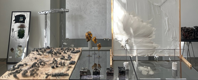 Installation med skråt modelterræn, gennemsigtige flader, metalstativer og organiske skulpturer i et lyst udstillingsrum.