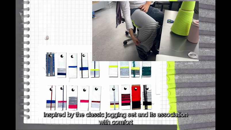 Moodboard med tekstilprøver i grå, blå og neonfarver samt foto af en person, der arbejder med strik.