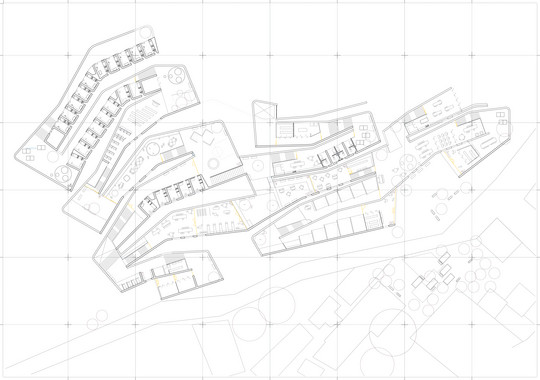 In the general plan, the shape of the building is formed from the natural/topographical lines of the landscape, and gives form to the function of the program.