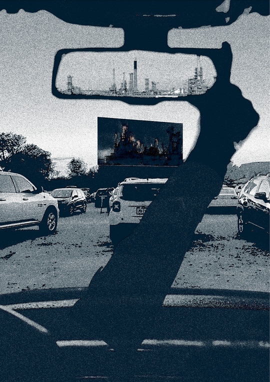 Visualization showing point of view in a car in the drive-in cinema with three landscapes at once. The oil refinery can be seen in the rear mirror, a movie is being projected on the screen and the space around the car is visible through the wind shield.