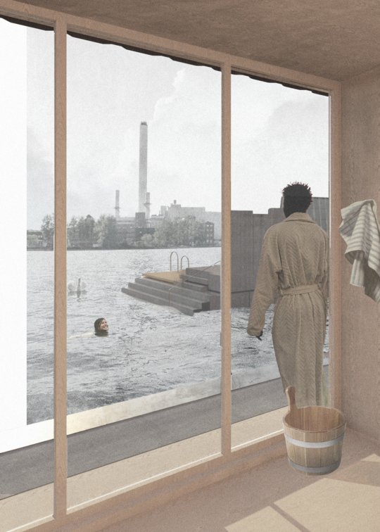 Visualisation of the sauna interior looking out over the water