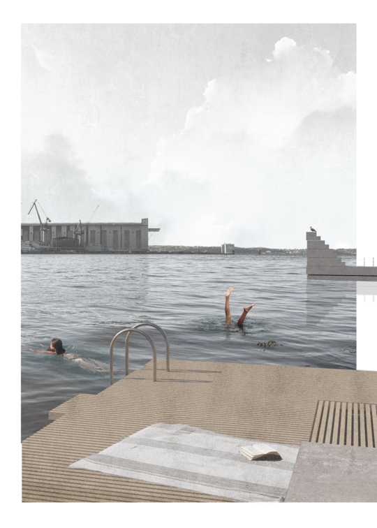 Visualisation of the sundeck, looking out over the harbour