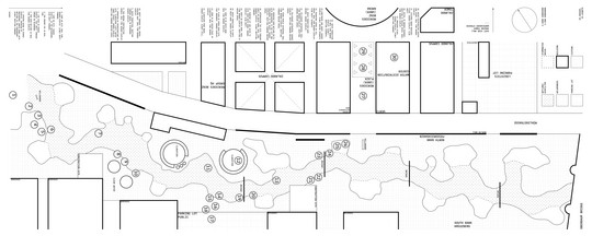 Plan diagram of site with indications of interventions and animated scenes. Digital print on paper. 200x80cm.