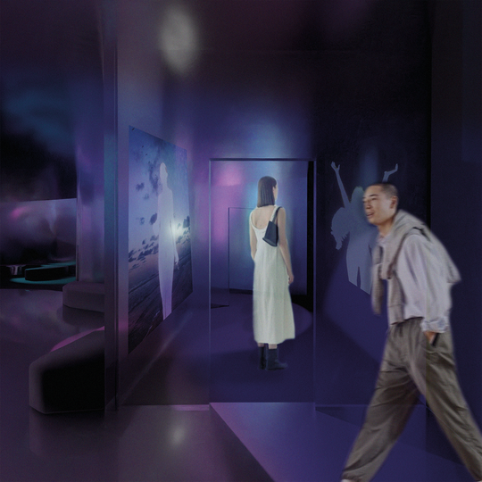 View at the art exhibition rooms with hologram media art on the frosted glass walls.