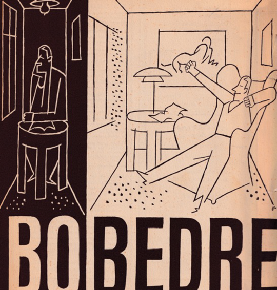Stregtegning i sort og beige af mand på stol i hhv. lille rum og større rum. Tekst: Bo Bedre