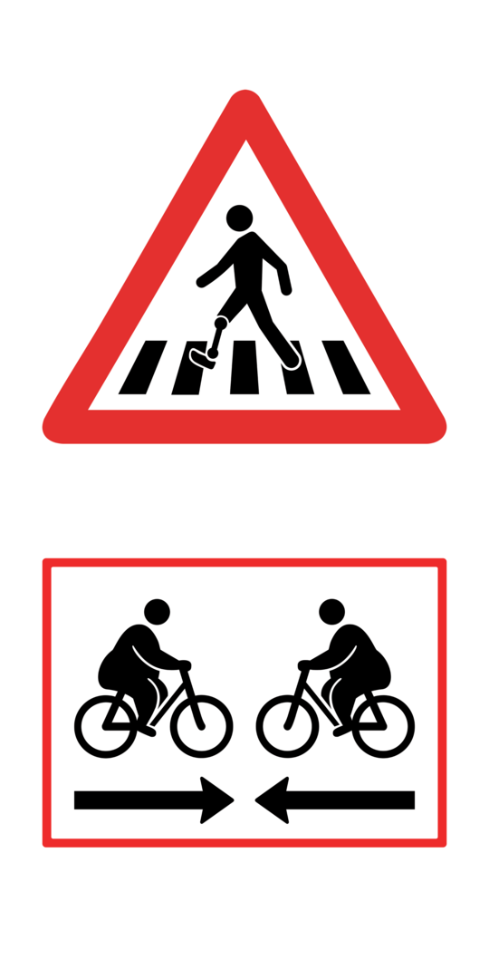 Trafikskilte: fodgænger med kunstigt ben på fodgængerfelt og to kraftige cyklister, der mødes