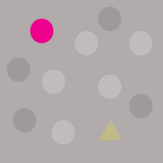  Illustration med otte grå cirkler, én pink cirkel og en lys trekant på grå baggrund.