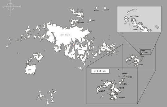 Kort over øer med indzoomede områder og navne som “Red Isles” og “Hiorring”.