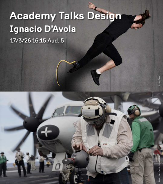 Plakat med en person i springbevægelse øverst og teknisk arbejde på et flydæk nederst, med tekst om “Academy Talks Design