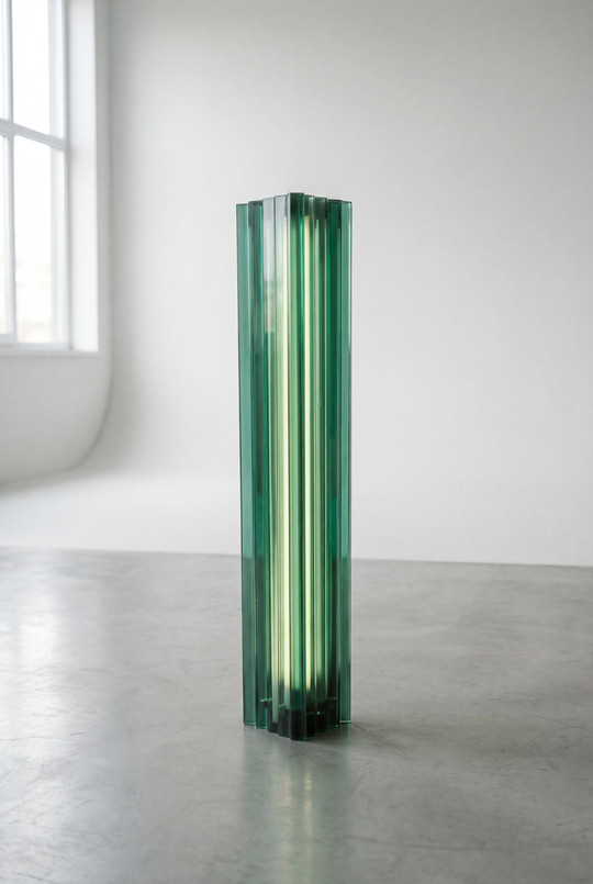 Tall green glass lamp with vertical glass fins in a bright room.