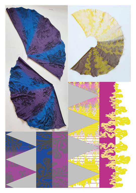 Textile samples and graphic patterns in blue, purple, yellow, and pink.