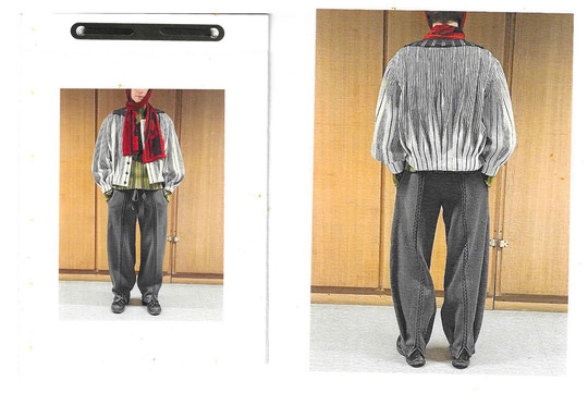 Model shown front and back in a striped jacket, dark trousers, and red scarf.