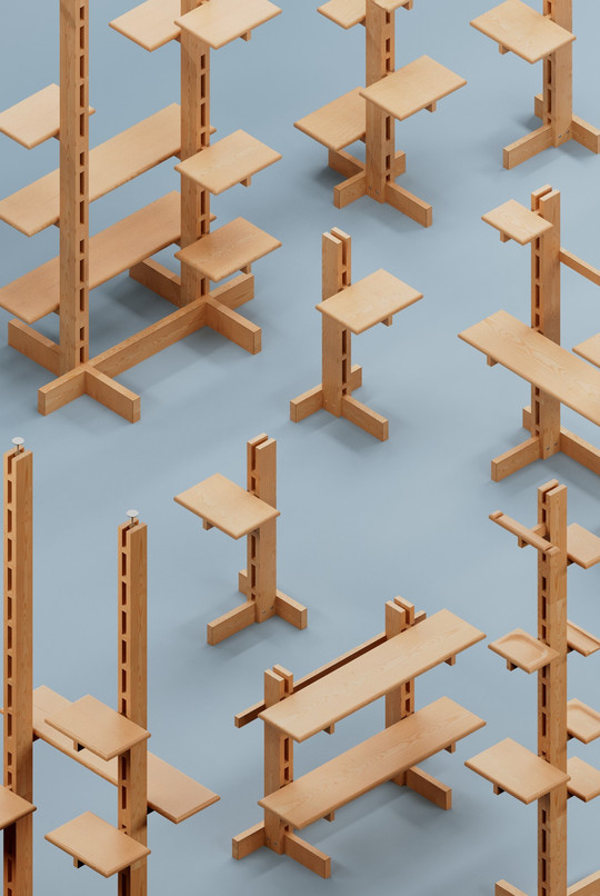 Rendering of a modular wooden shelving system with shelves at varying heights.