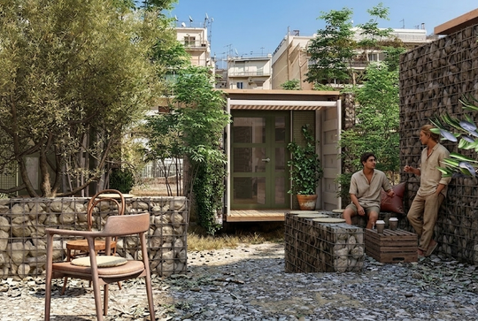 Rendering of a green courtyard with a container building, stone walls and seating area.