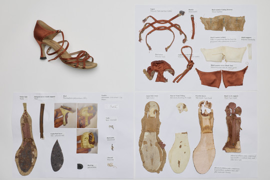 Disassembled dance shoe with individual materials and construction parts organized by function.