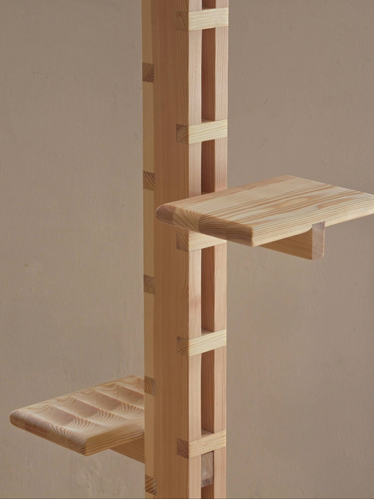 Close-up of a light-wood modular shelving system with adjustable shelves.